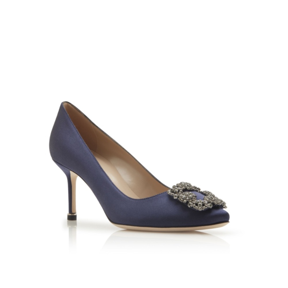 Manolo Blahnik Hangisi navy satin pumps 38 1/2 brand new